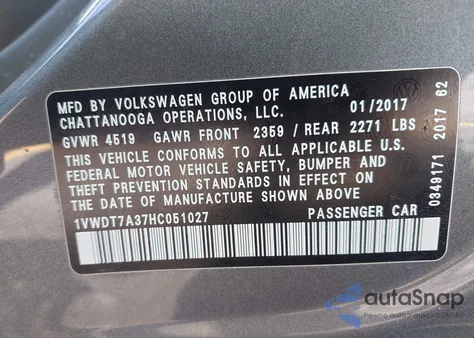 2017 Volkswagen Passat R-Line z USA, uszkodzony, nr VIN 1VWDT7A37HC051027